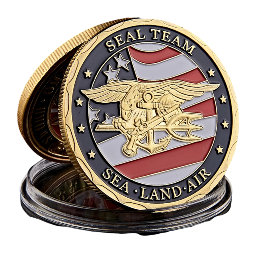 Pamätná Mince Tím SEAL Námorníctvo USA Moře Země Vzduch Oboustranná 4 cm 3 mm 28 g Pozlátený Kov s Reliéfom Orla a Ochrannou Kapslí