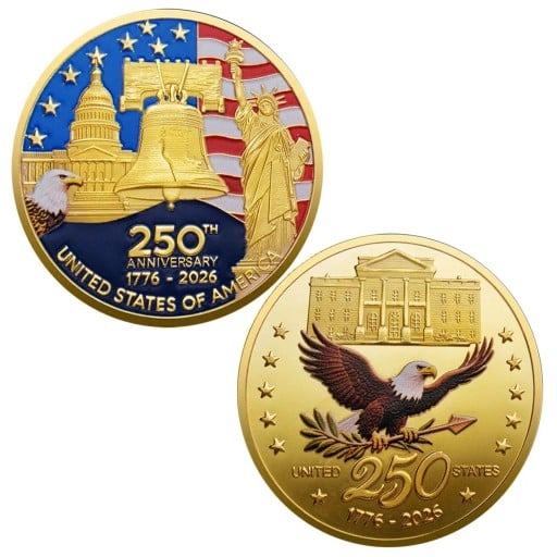 Pamiątkowa Moneta 250. Rocznica Stanów Zjednoczonych Amerykański Orzeł z Gwiazdami i Białym Domem Dwustronna 4 cm Pozłacany Metal z Patriotycznym Motywem