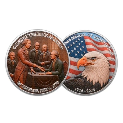 Pamiątkowa Moneta 250. Rocznica USA 1776-2026 Podpis Deklaracji Niepodległości i Orzeł Amerykański Dwustronna 4 cm Pozłacany Metal z Patriotycznym Motywem