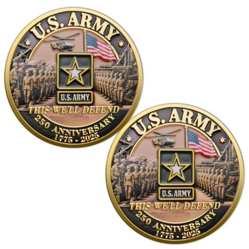 Pamiątkowa Moneta US Army Armia Amerykańska 250. Rocznica 1775-2025 Dwustronna 4 cm Pozłacany Metal z Rzeźbą Żołnierzy Flagi i Gwiazdy Armii