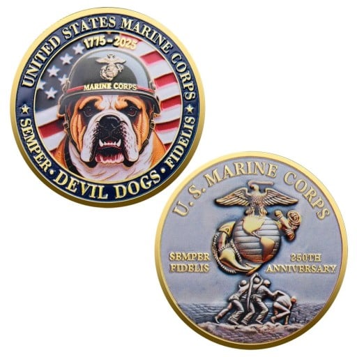 Pamiątkowa Moneta US Marine Corps Devil Dogs Korpus Morski USA 1775-2025 Dwustronna 4 cm Pozłacany Metal z Reliefem Buldoga Orła Globu i Kotwy