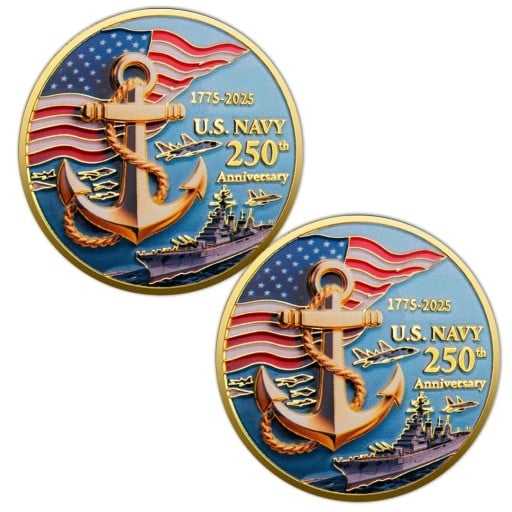 Pamiątkowa Moneta US Marine Corps i US Navy 250. Rocznica Marine Corps i Marynarki Wojennej USA Dwustronna 4 cm Pozłacany Metal z Kotwicami i Flagą