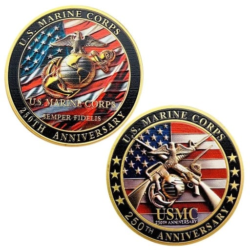 Pamiątkowa Moneta US Marine Corps Korpus Marines USA Semper Fidelis 250. Rocznica Dwustronna 4 cm Pozłacany Metal z Rzeźbionym Orłem Globem i Kotwicą