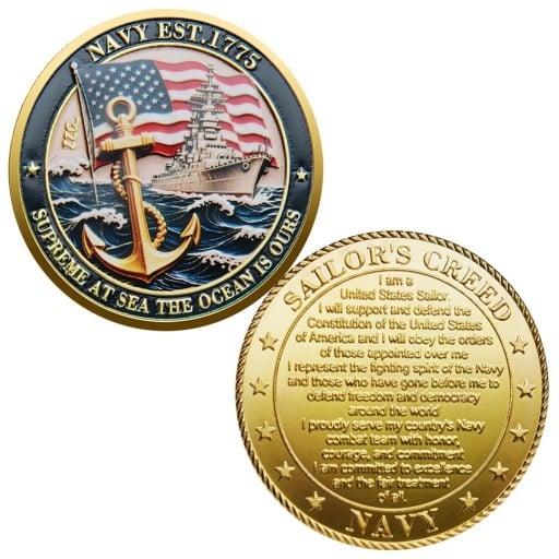Pamiątkowa Moneta US Navy Amerykańska Marynarka Wojenna Sailor's Creed Okręt Wojenny z Flagą i Kotwicą Dwustronna 4 cm Pozłacany Metal od Roku 1775