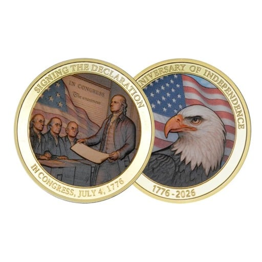 Pamiątkowa Moneta USA 1776-2026 Deklaracja Niepodległości 4 Lipca 1776 i Orzeł Amerykański Dwustronna 4 cm Pozłacany Metal z Patyną i Patriotycznym Motywem