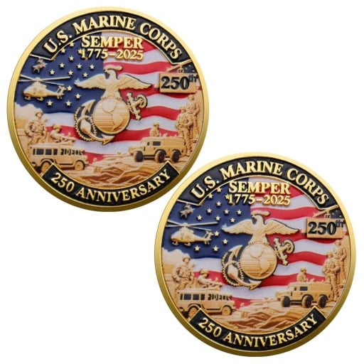 Pamietna Moneta US Marine Corps Korpus Piechoty Morskiej USA 250. Rocznica 1775-2025 Dwustronna 4 cm Pozłacany Metal z Rzeźbionym Orłem Globem i Kotwicą