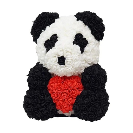 Panda Bear with Red Heart Made of Artificial Roses Valentine's Gift Romantic Decoration Handmade Floral Figurine Luxury Ornament 25 cm