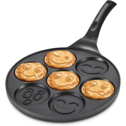 Pande til pandekager med 7 former i form af smileys med en diameter på 7,1 cm og non-stick belægning i sort med et 20 cm varmebestandigt håndtag