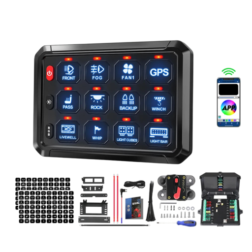 Pannello di commutazione touch per auto 12 pulsanti con controllo tramite app RGB retroilluminazione 12V-24V 60A con scatola relè per offroad e barca