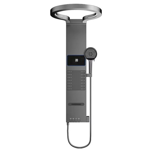 Pannello doccia da parete con altezza 900–1054 mm con doccia a soffitto rotonda e doccia manuale e display LED multifunzionale di colore grigio scuro