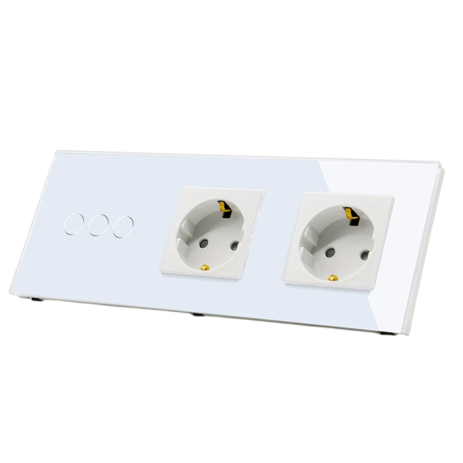 Panou de montare cu 2 prize tip F și comutator tactil cu 3 canale. Ramă din sticlă. Panou de perete modern pentru instalații electrice casnice.