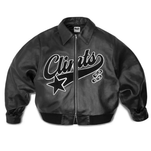 Pánská černá koženková bunda na zip Stylová bunda s potiskem a límečkem Módní bunda s elastickým pasem Streetwear bunda Clints