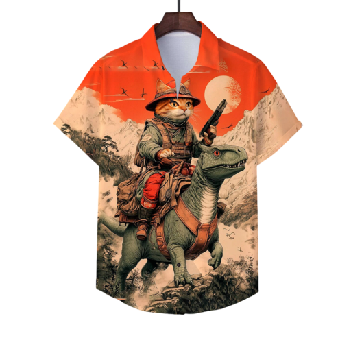 Pánská košile s límečkem na knoflíky Krátký rukáv Polyester Spandex Oranžová Kočka na dinosaurovi Potisk Letní košile pro volný čas