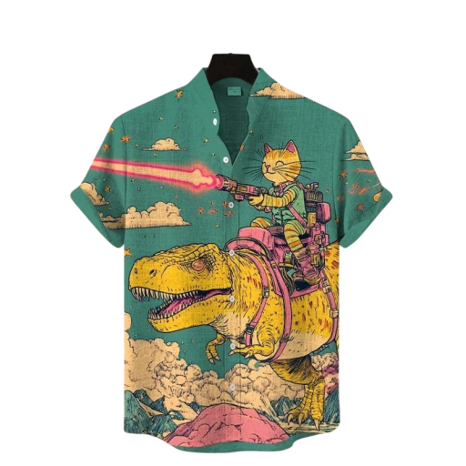Pánská košile s límečkem na knoflíky Krátký rukáv Polyester Spandex Zelená Kočka na dinosaurovi Potisk Letní košile pro volný čas