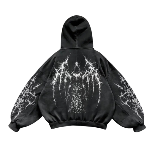 Pánska mikina s kapucňou a kapsami Čierna jednobarevná mikina s gotickým motívom anjela z bavlny a polyesteru Štýlový streetwear pre mužov