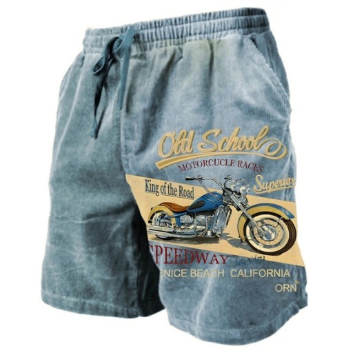 Pánske letné priedušné kraťasy s old school motocyklovou potlačou Sťahovacia šnúrka Ľahký materiál Veterán štýl Pohodlné šortky na leto a voľný čas
