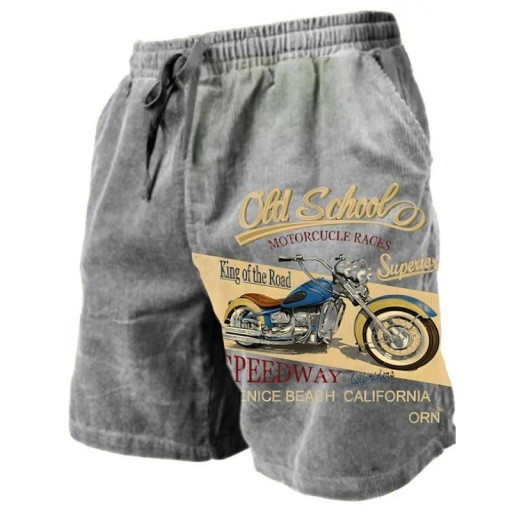 Pánské letní prodyšné kraťasy s old school motocyklovým potiskem Stahovací šňůrka Lehký materiál Veterán styl Pohodlné šortky na léto a volný čas