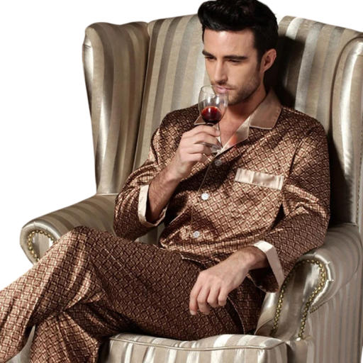 Pánske pyžamo dlhý rukáv a nohavice s golierom Gombíkové zapínanie Kapsička Polyester Hnedé s ornamentami