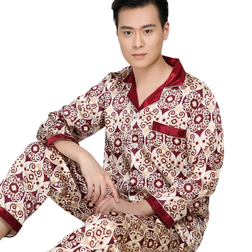 Pánské pyžamo dlouhý rukáv a kalhoty s límečkem Knoflíkové zapínání Kapsička Polyester Červené se zlatými ornamenty