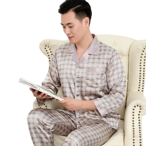 Pánské pyžamo dlouhý rukáv a kalhoty s límečkem Knoflíkové zapínání Kapsička Polyester Světle fialové s ornamenty