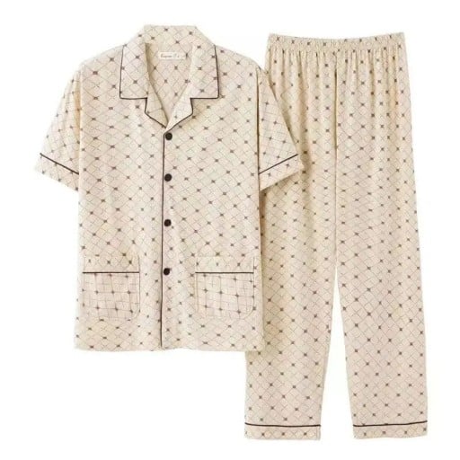 Pánske pyžamo košilové s krátkym rukávom béžové s jemným vzorovaním nohavice s kapsami golier gombíky polyester bavlna