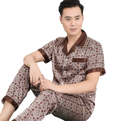 Pánské pyžamo krátký rukáv a kraťasy s límečkem Knoflíkové zapínání Kapsička Polyester Hnědé s ornamenty