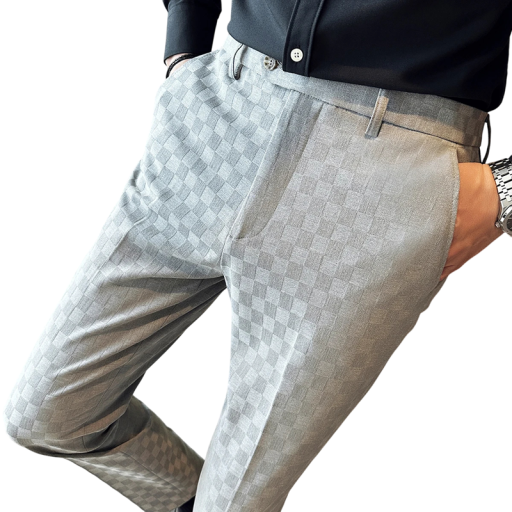 Pánské společenské kalhoty s kapsami Jednobarevné s jemnými kostičkami Elegantní rovný střih POLYESTER Stylové kalhoty pro muže do práce i na formální události