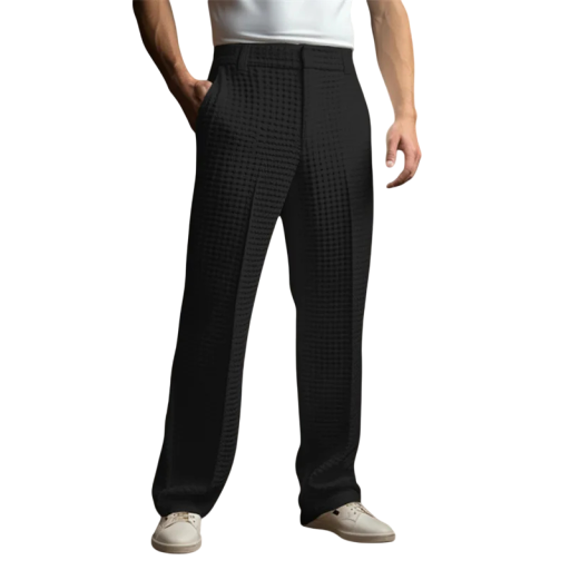 Pánské společenské kalhoty s kapsami Jednobarevné s vaflovým vzorem Elegantní rovný střih POLYESTER Stylové kalhoty pro muže do práce i na slavnostní akce