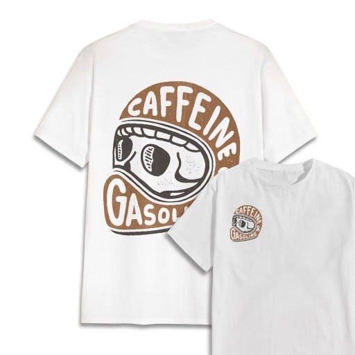 Pánske tričko s hnedým potlačou motorkárskej prilby a nápisom Caffeine & Gasoline na chrbte aj na hrudi s krátkym rukávom v retro štýle