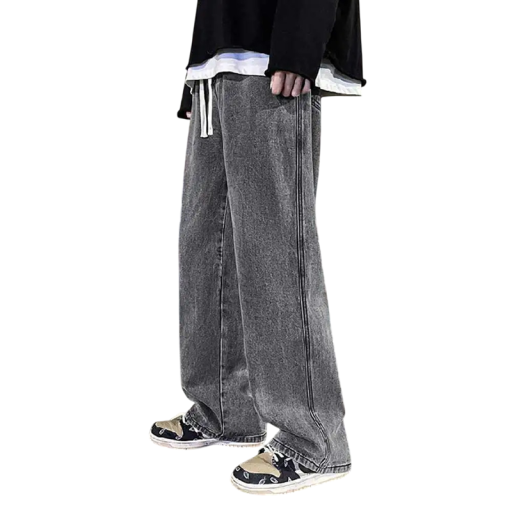 Pánske voľné džínsy jednofarebné, s kapsami, na šnúrku, bavlna a polyester