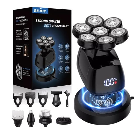 Pánsky elektrický holiaci strojček 7D Mokré aj suché holenie Vodotesný IPX7 Sada 6v1 Čierny Pre holú hlavu a fúzy prevedenie 3
