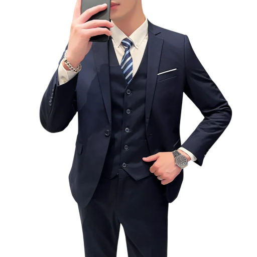 Pánský set z polyesteru Elegantní sada saka, vesty a kalhot pro muže Jednobarevný formální oblek s kapsami a kapsičkou na prsou Stylový komplet s knoflíky