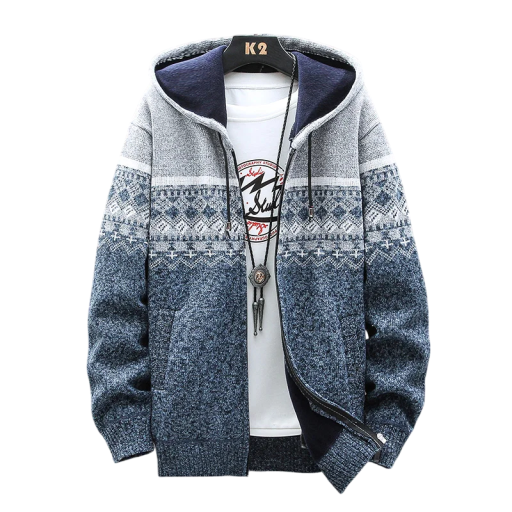 Pánský zimní vzorovaný kardigan s kapucí a pruhem na zip Stylový pletený svetr s dlouhým rukávem Teplý podzimní zimní svetr Polyester Různé barvy