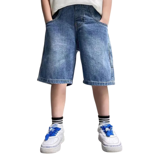 Pantalones cortos de mezclilla azul para niños con efecto desgastado, sueltos hasta la rodilla, con cintura elástica y bolsillos, pantalones cortos de verano para chicos