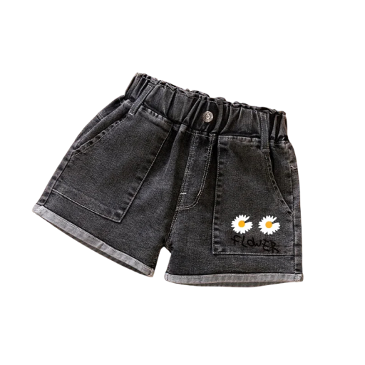Pantalones cortos de mezclilla para niñas con bordado de flores, cintura elástica y bolsillos, shorts de mezclilla para chicas con dobladillo vuelto para el verano