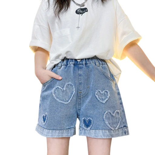 Pantalones cortos de mezclilla para niñas con corazones, cintura elástica y bolsillos, pantalones cortos de mezclilla azules para chicas con dobladillo enrollado para el verano