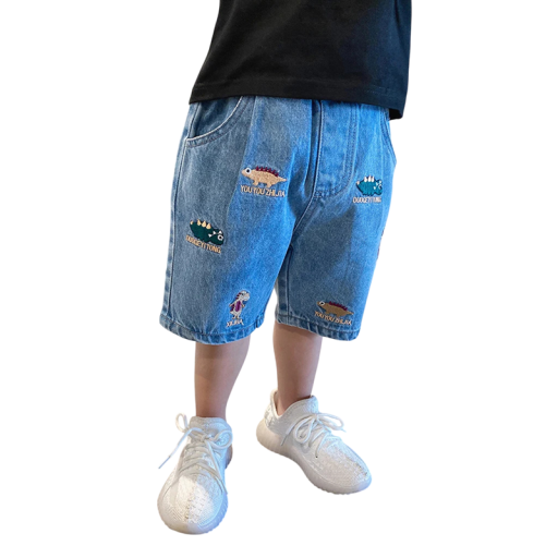 Pantalones cortos de mezclilla para niños con bordado de dinosaurios, cintura elástica y bolsillos, pantalones cortos de mezclilla azules para chicos con dobladillo