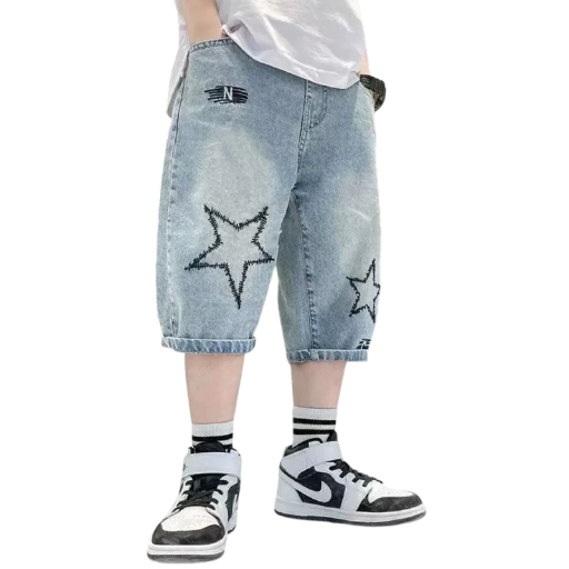 Pantalones cortos de mezclilla para niños con motivo de estrellas, de pierna ancha y cintura elástica, pantalones cortos de mezclilla azules hasta la rodilla para chicos