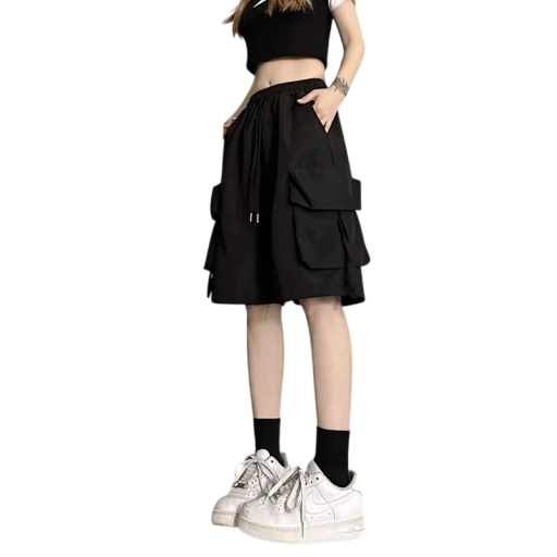 Pantalones cortos largos para mujer de cintura alta con bolsillos, corte holgado, monocromáticos, de poliéster, cómodos para el verano, ideales para el ocio y la ciudad