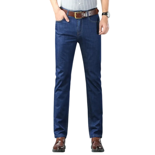 Pantaloni bărbătești din denim elastic, drepți. Blugi slim fit cu închidere clasică. Pantaloni eleganți și confortabili pentru purtare zilnică.