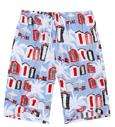 Pantaloni corti estivi per coppie con palme e case