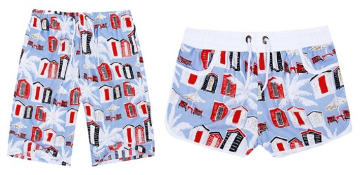 Pantaloni corti estivi per coppie con palme e case