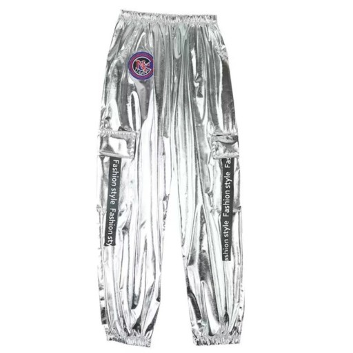 Pantaloni de dans pentru fete, metalici argintii, din poliester, cu elastic în talie și patch pentru street dance