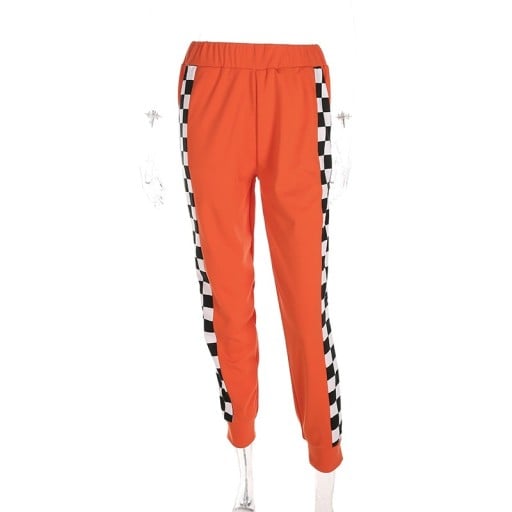 Pantaloni de trening de dama portocalii in carouri cu fermoar