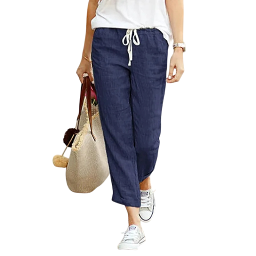 Pantaloni largi de damă din bumbac, cu talie elastică și șnururi. Pantaloni eleganți și confortabili pentru vară. Stil casual pentru purtare zilnică.