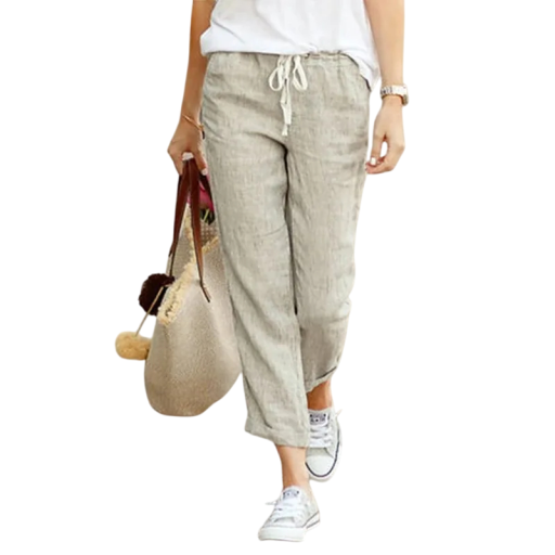 Pantaloni largi de damă din bumbac, cu talie elastică și șnururi. Pantaloni eleganți și confortabili pentru vară. Stil casual pentru purtare zilnică.