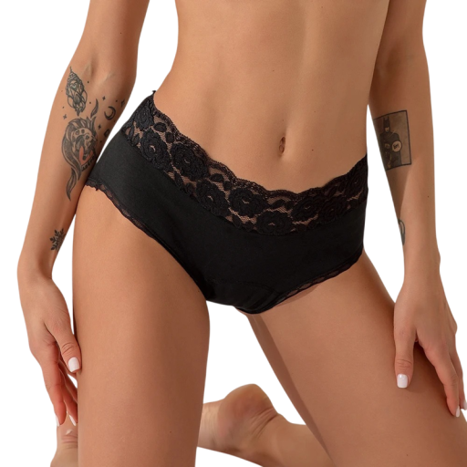 Pantaloni mestruali neri con vita in pizzo 4 strati parte assorbente Fibra di bambù elastan Intimo riutilizzabile da donna