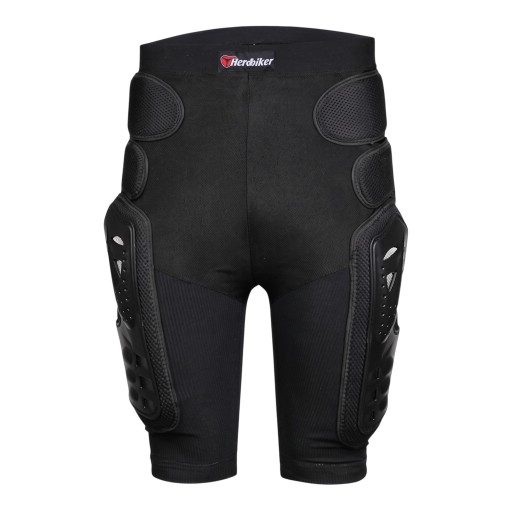 Pantaloni scurți de motocross negri până la genunchi cu protecții rigide pentru coapse și protecții căptușite pentru șolduri cu talie largă