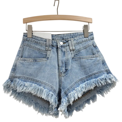 Pantaloni scurți din denim pentru femei cu design cu ciucuri și talie înaltă