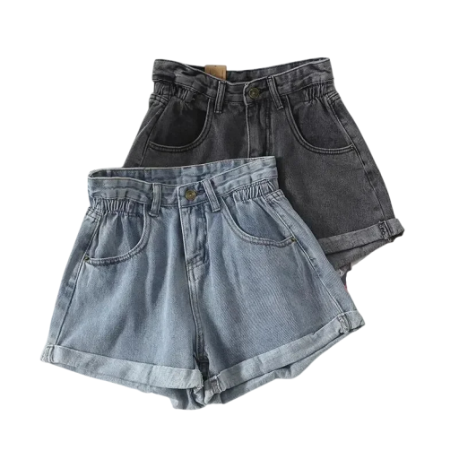 Pantaloni scurți din denim pentru femei, cu talie elastică înaltă și tiv răsfrânt, pantaloni scurți largi din denim cu buzunare pentru oraș și pentru exterior